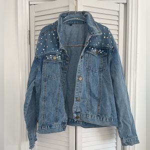 Denim jacket with white beadwork